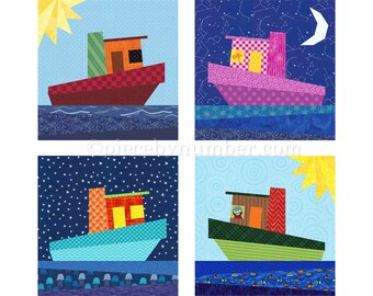 Tugboat paper piecing quilt block pattern, instant download PDF, 6 & 12 in, foundation piecing nautical boat transportation kids boys quilt