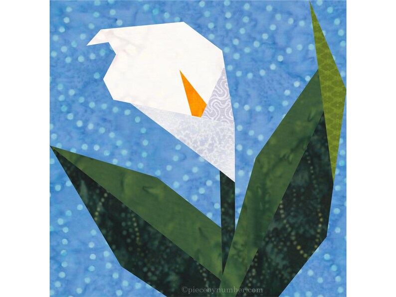 Calla Lily paper piece quilt block pattern PDF download, 6 & 12 inch, foundation piecing FPP, arum flower floral garden nature botanical image 1