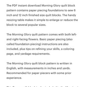 Morning Glory Blume Papierstück Quilt Blockmuster PDF download, 15 & 12 inch, Foundation Piecing FPP, Garten Natur botanisch Bild 5