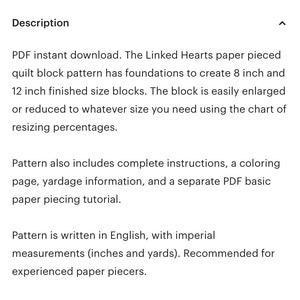 Linked Hearts paper piece quilt block pattern PDF download, 8 & 12 inch, foundation piecing FPP, celtic love knot, heart wedding valentine image 9