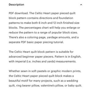 Celtic Heart paper pieced quilt block pattern PDF download, 6 & 12 inch, foundation piecing, knot love interwoven valentine wedding quilt image 9