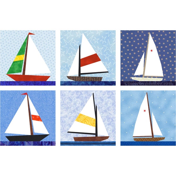 Segelboot-Quiltblockmuster aus Papier im PDF-Format, 6 Zoll, einfache Grundierung, FPP, Marine-Stern, Segelboot, Yacht, nautisches Dekor, Baby Junge