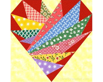 Feathers In My Heart paper piecing quilt block pattern PDF, 6 & 12 inch, easy foundation piecing FPP, heart wedding valentine romantic