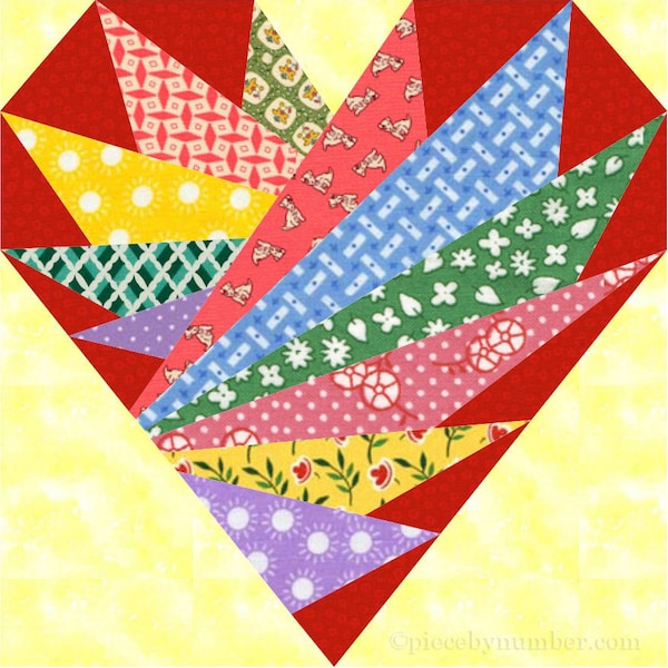 Feathers In My Heart paper piecing quilt block pattern PDF, 6 & 12 inch, easy foundation piecing FPP, heart wedding valentine romantic