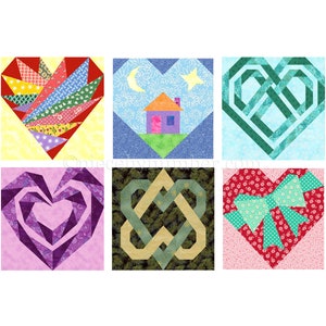 6 Hearts paper piece quilt block PDF pattern pack plus 2 bonus patterns, 6 & 12 inch, foundation piecing FPP, wedding baby valentine love image 1