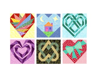 6 Hearts paper piece quilt block PDF pattern pack plus 2 bonus patterns, 6 & 12 inch, foundation piecing FPP, wedding baby valentine love