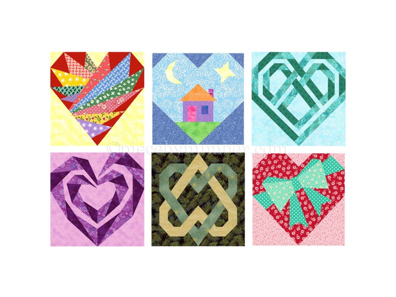 6 Hearts paper piece quilt block PDF pattern pack plus 2 bonus patterns, 6 & 12 inch, foundation piecing FPP, wedding baby valentine love image 1