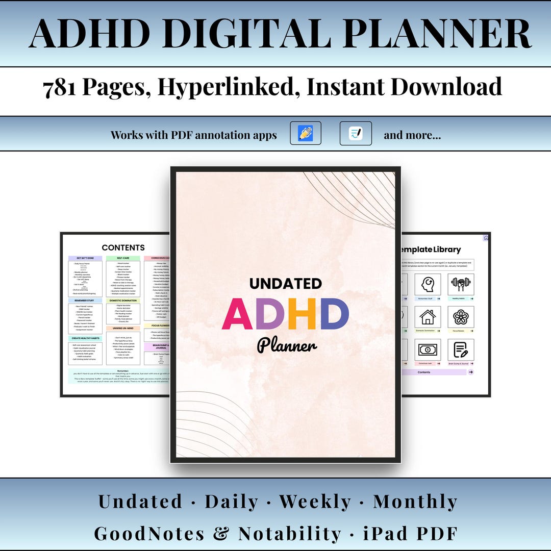 ADHD Digital Planner for iPad Goodnotes Notability Undated Hyperlinked ...