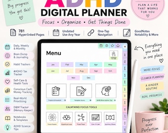 ADHD Digital Planner for Adults – GoodNotes iPad Planner, Undated Hyperlinked, Daily Weekly Monthly