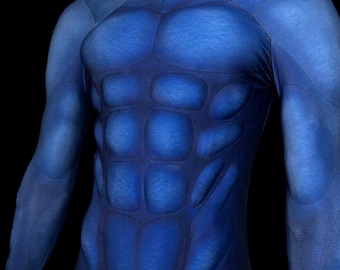 Blaue Farbe Muskeln Anzug, Personalisieren Muskel Bodysuit Kostüm Cosplay, Made to Order