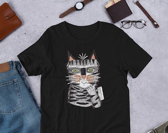 Unisex t-shirt black cotton  shirt cat fun tabby quirky kitty fang top  illustration art drawing