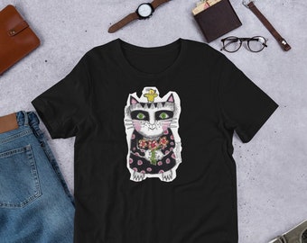 RELAXED FIT T-SHIRT Schrulliges Katzen und Blumen Volkskunst Tiere Illustration schrulliges wunderliches niedliches Baumwoll-T-Shirt tragbare Kunst Geschenk für Katzenliebhaber