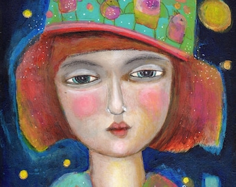 large print professional high quality giclee modern folk art woman girl hat moon stars poetry home decor wall