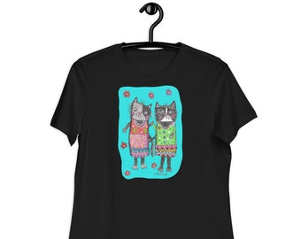 Women's Relaxed T-Shirt cotton cats colorful fun gift quirky whimsical artwork birthday gift funny cat folk art tuxedo cat gifts