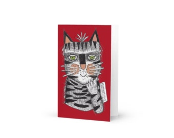 4x6" GREETING CARD art print cat fun quirky friend art drawing print red cheerful