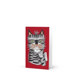 4x6" GREETING CARD Kunstdruck Katze lustig skurrilen Freund Zeichnung Druck rot fröhlich