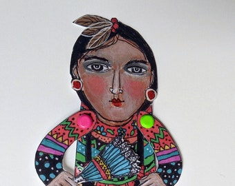 DIY paper craft cut out  paper doll decoration ethnic brown woman with jingle dancer first nation  colorful folk art home  indigenous woman