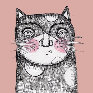 GRAND AUTOCOLLANT 2,5 x 3,5 pouces avec des dents roses amusantes et amusantes à dessiner avec un chat