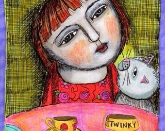 May include: A hand-drawn illustration of a girl with red hair sitting at a table with a cat. The table is set with a teapot, teacup, saucer, a plate of cookies, a bowl of fish, and a bowl labeled "Twinky".