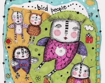 original illustration  5x7 quirky silly bird people colorful fun gift housewarming drawing