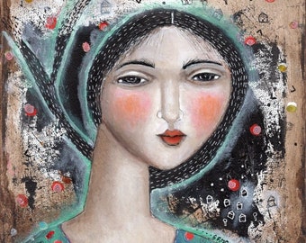 Peinture originale femme expressive art folklorique moderne décoration d'intérieur cadeau de pendaison de crémaillère anniversaire anniversaire authentique unique