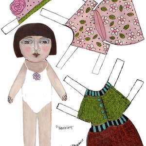 May include: Paper doll with a pink dress, green sweater, and brown skirt. The doll has brown hair, a pink hat, and a white swimsuit. The doll is labeled "Harriet".
