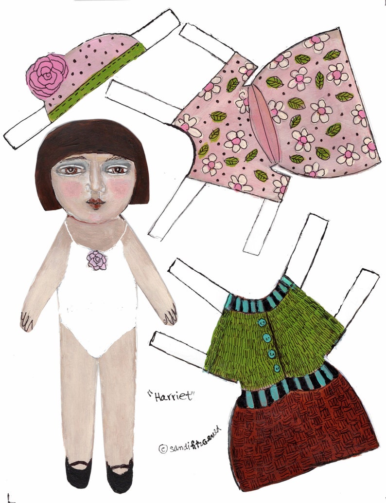 May include: Paper doll with a pink dress, green sweater, and brown skirt. The doll has brown hair, a pink hat, and a white swimsuit. The doll is labeled "Harriet".