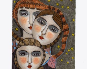 Print  drawing illustration original girls woman feminine sisterhood paper modern folk art