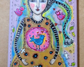 5x7" ORIGINAL ART original mixed media modern folk art collage on stretched canvas angel protector