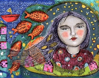 professional high quality giclee Mixed Media Painting  Print  Modern Folk  Art Ocean girl woman  fish and