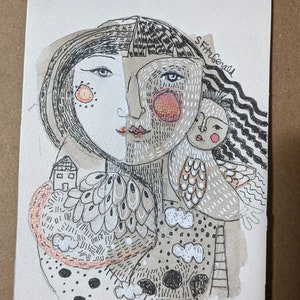 5x7" ORIGINAL ART illustration pen ink watercolor woman bird spirit guide paper