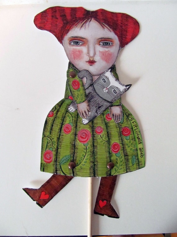 10" PAPER DOLL diy adult paper doll puppet diy mixed media folk art home decor fun silly quirky woman with cat