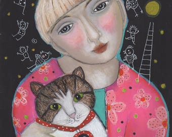 original acrylic paint painting paper girl woman kitty cat love pink imagination