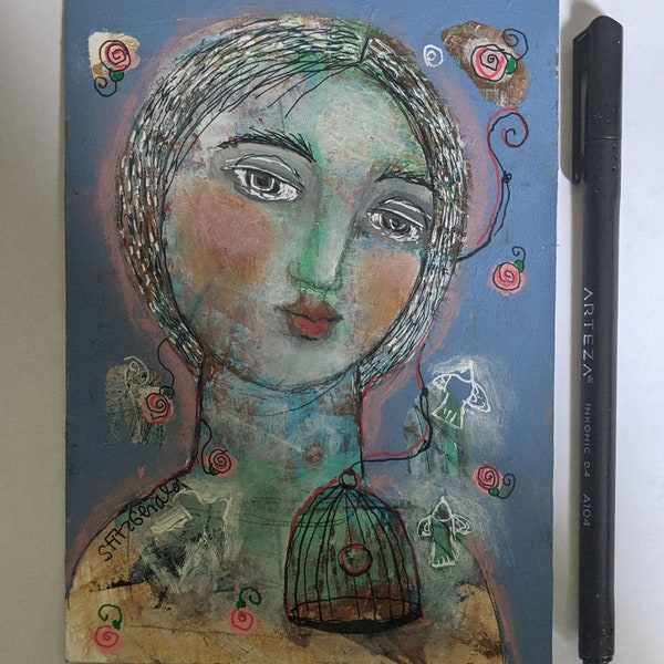 5x7" ORIGINAL ART roses nightingales art small gift friendship  mixed media painting drawing original paper bird cage woman quirky whimsical
