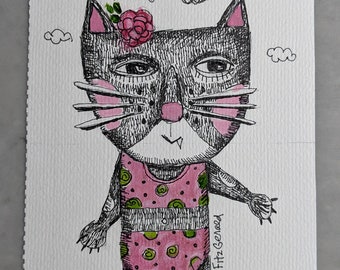 5x7" ORIGINAL ART illustration pen ink watercolor cat quirky  funny paper 5x7