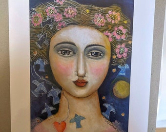 Painting Print  modern folk art portrait dreamer moon stars decor gift housewarming wall home bird