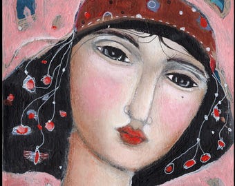 original art on  8"x10" stretched canvas imagination free  mixed media home decor gift colorful uplifting joy quirky modern folk art woman