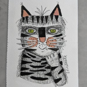 5x7&quot; ORIGINAL ART illustration pen ink watercolor cat quirky  funny paper 5x7