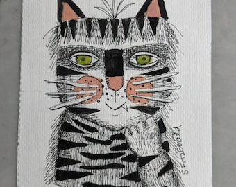 5x7" ORIGINAL ART illustration pen ink watercolor cat quirky  funny paper 5x7