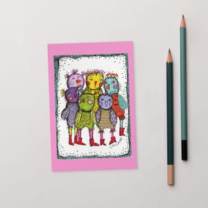 10x18 Kunstdruck Postkarte skurriles Birds of a Feder bunt Geschenk Einleger Dekoration Büro Dankeschön