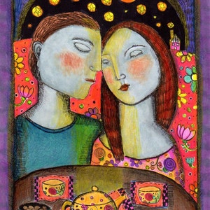 Special Price Free Mixed media Print art couple love teapot teacup moon stars night flowers love moonlight