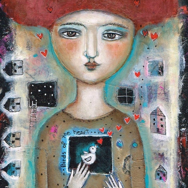 professional high quality giclee Print Mixed Media painting woman  birds of the heart muse fairy inspiration