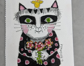 5x7" ORIGINAL ART illustration pen ink watercolor cat quirky  funny paper 5x7 flowers