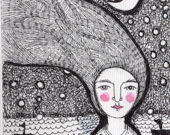 5x7" ORIGINAL ART illustration woman ocean stars  black and white drawing  pen ink watercolor quirky  paper 5x7 gift home decor wall