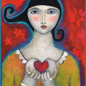 large print professional high quality giclee Painting modern folk art woman holding heart  imagination