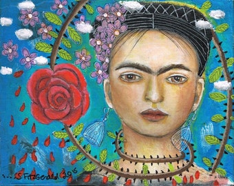 Special Price Free  Print Mixed Media Folk Art Fridas Flowers