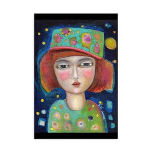 Cartão postal com impressão artística de 4" x 6" chapéu de mulher, saudação, decoração de parede, amizade peculiar, lua e estrelas