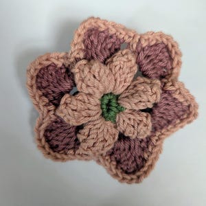 Peut inclure: Une fleur au crochet faite à la main, dans des tons de rose et de mauve, avec un centre vert. La fleur présente de multiples pétales et un aspect texturé, probablement en fil. Les bords sont soigneusement finis, mettant en valeur le savoir-faire.