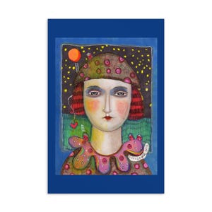Postal de regalo con impresión artística de 4x6, mujer peculiar, sombrero, estrellas, saludo, amistad, inauguración de la casa, luna azul