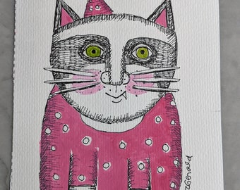 5x7" ORIGINAL ART illustration pen ink watercolor cat quirky  funny paper 5x7